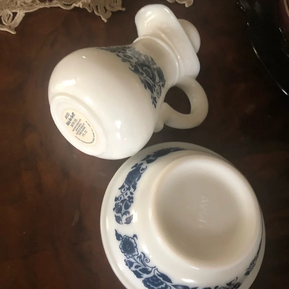 Vintage White & Blue Milk Glass Pitcher & Bowl